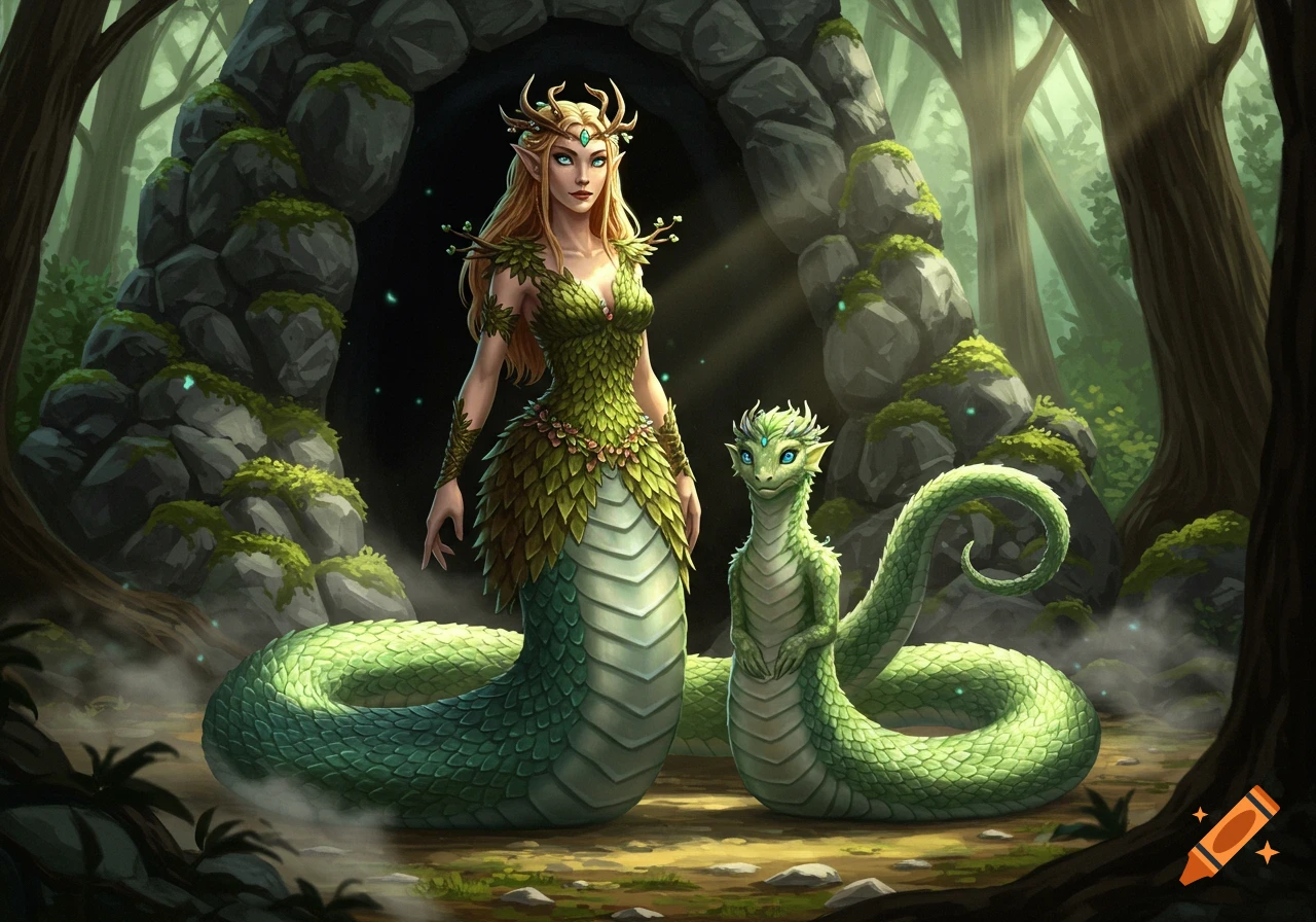 A female lamia in a green leafy outfit and a smaller green lamia stand in a mystical forest before a cave entrance, illuminated by sunlight.