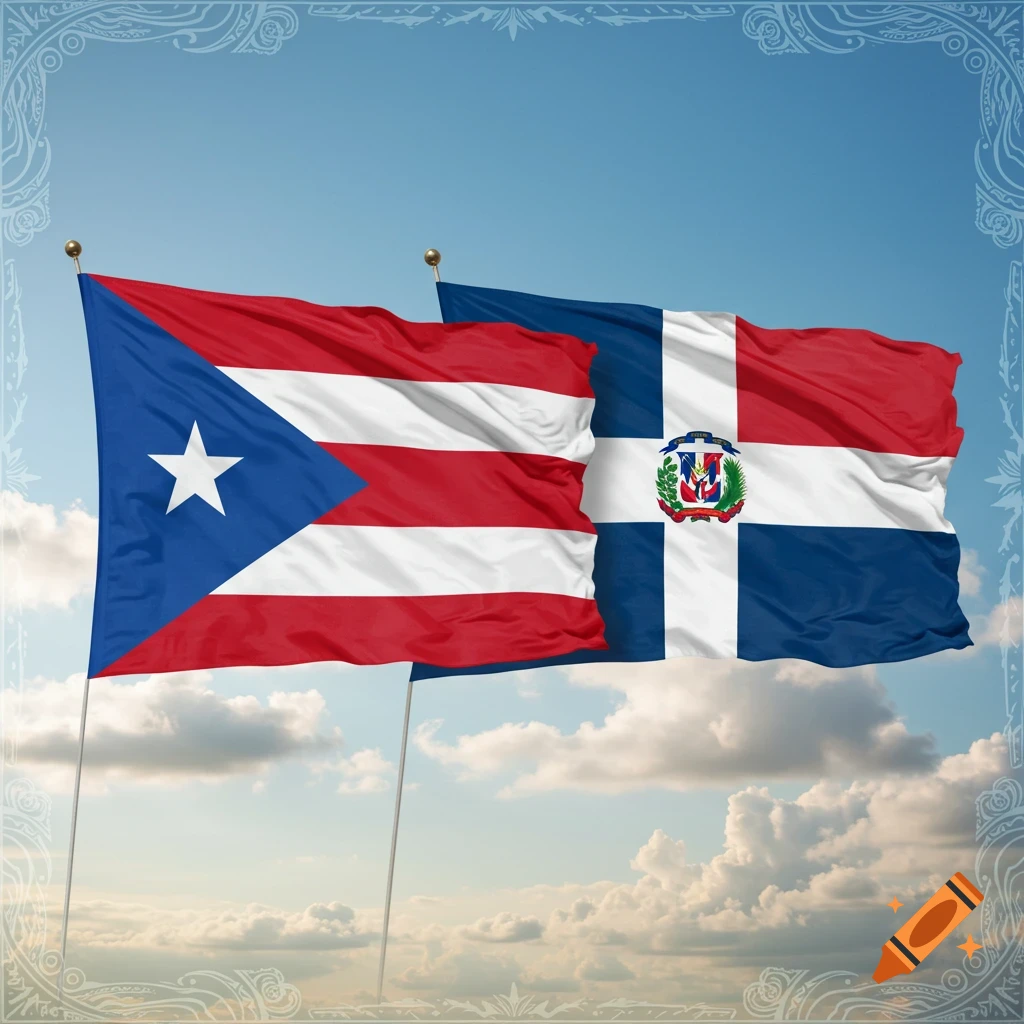 Photorealistic image of the Puerto Rican flag and the Dominican Republic flag waving against a blue sky with clouds.