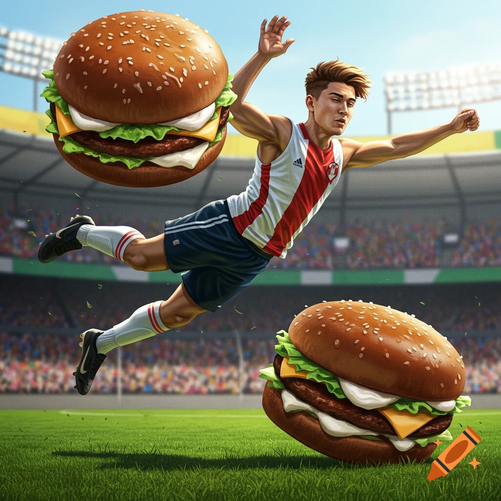 A male soccer player in a red and white jersey dives to head a giant burger in a stadium, with another burger on the grass.