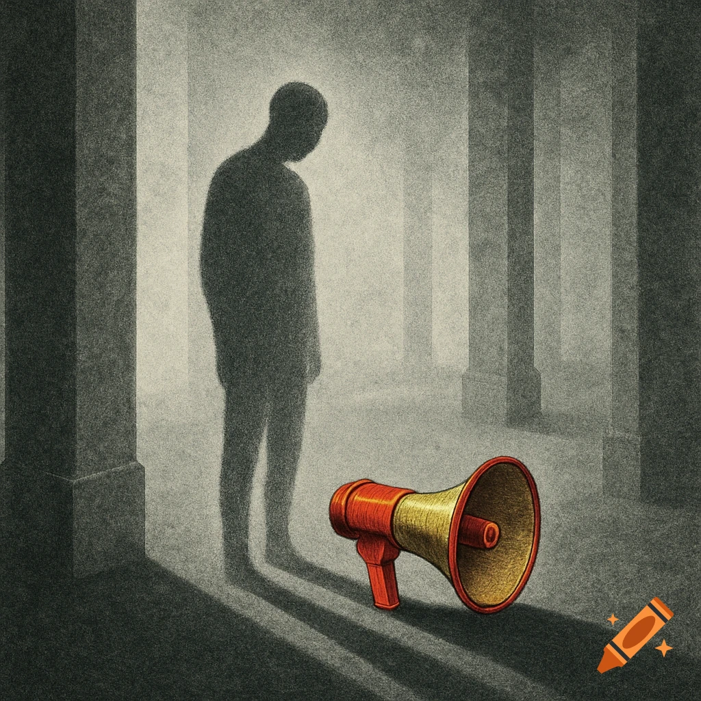 A silhouetted figure stands in a desolate, pillar-lined hall with a red and gold megaphone on the floor. Grainy, textured style.