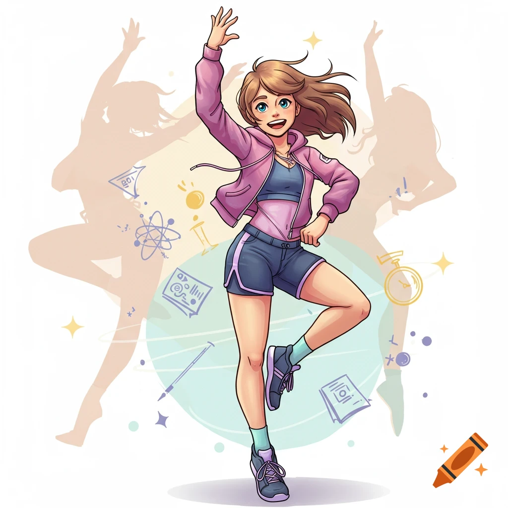 A smiling cartoon girl with brown hair in a pink jacket and shorts dances with her arms up, surrounded by science-themed doodles.