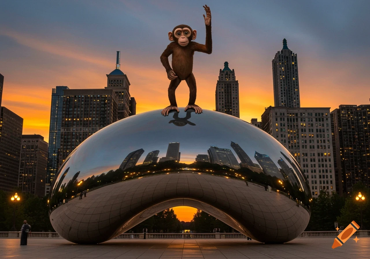 A photorealistic monkey stands on the reflective Cloud Gate sculpture in Chicago with a city skyline at sunset.