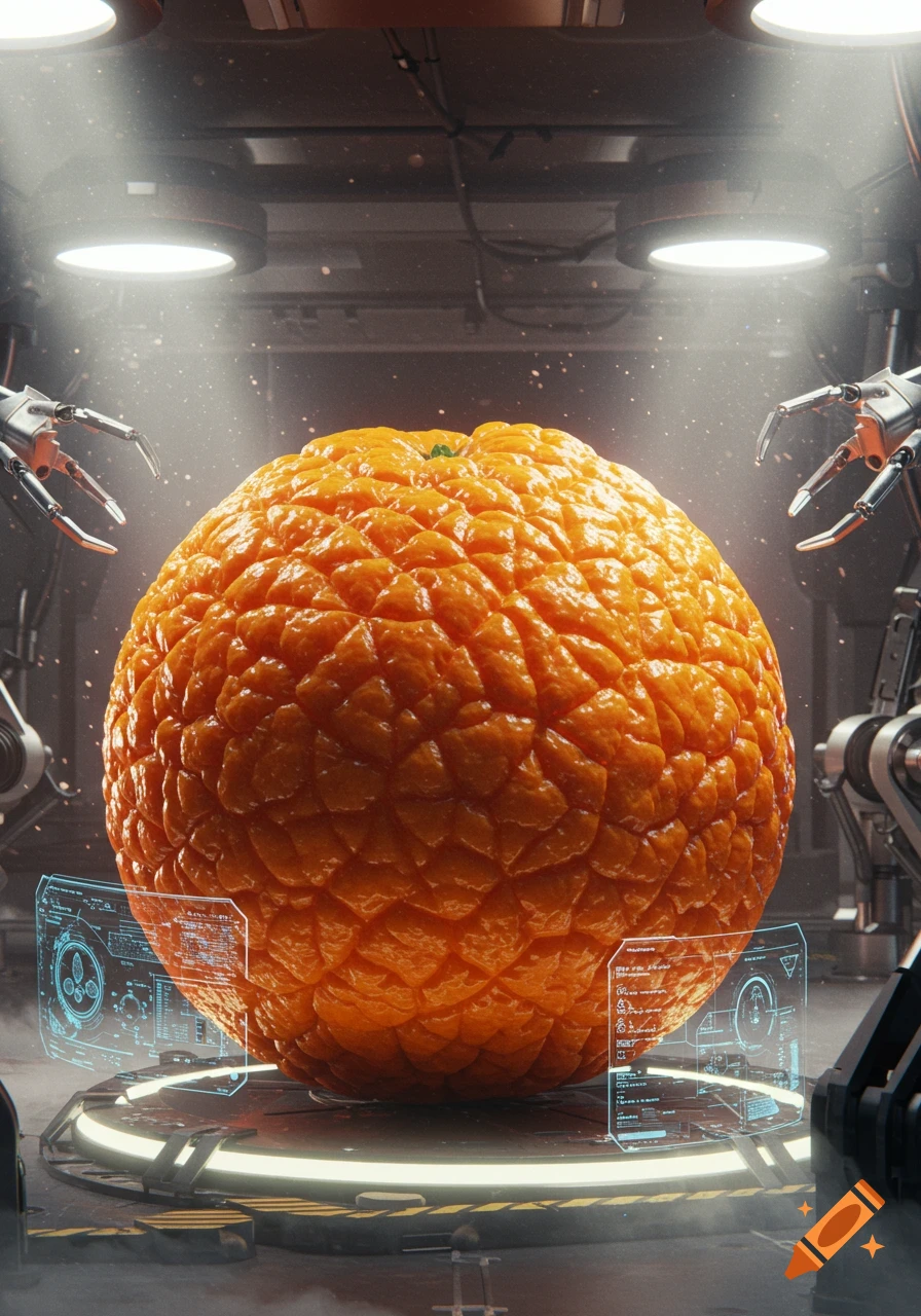 A large, dragon-skin textured orange on a glowing platform in a futuristic lab with robot arms and holographic screens, photorealistic.