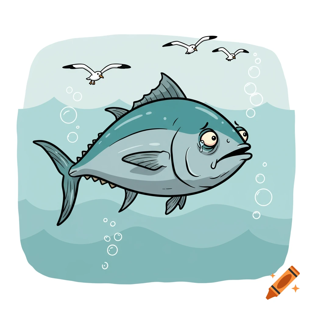 A cartoon tuna fish with teary eyes, appearing sad, swims in blue water with seagulls flying above.