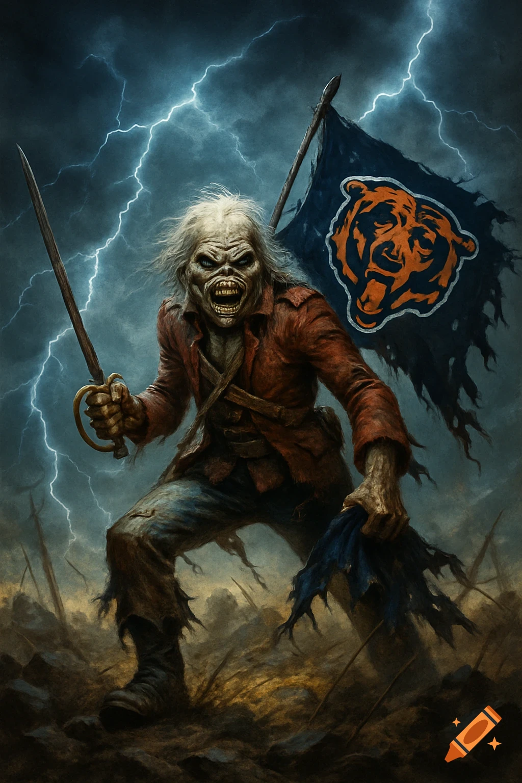 Iron Maiden's Eddie, a zombie-like soldier in a torn uniform, holding a saber and a ripped Chicago Bears flag under a stormy, lightning sky.