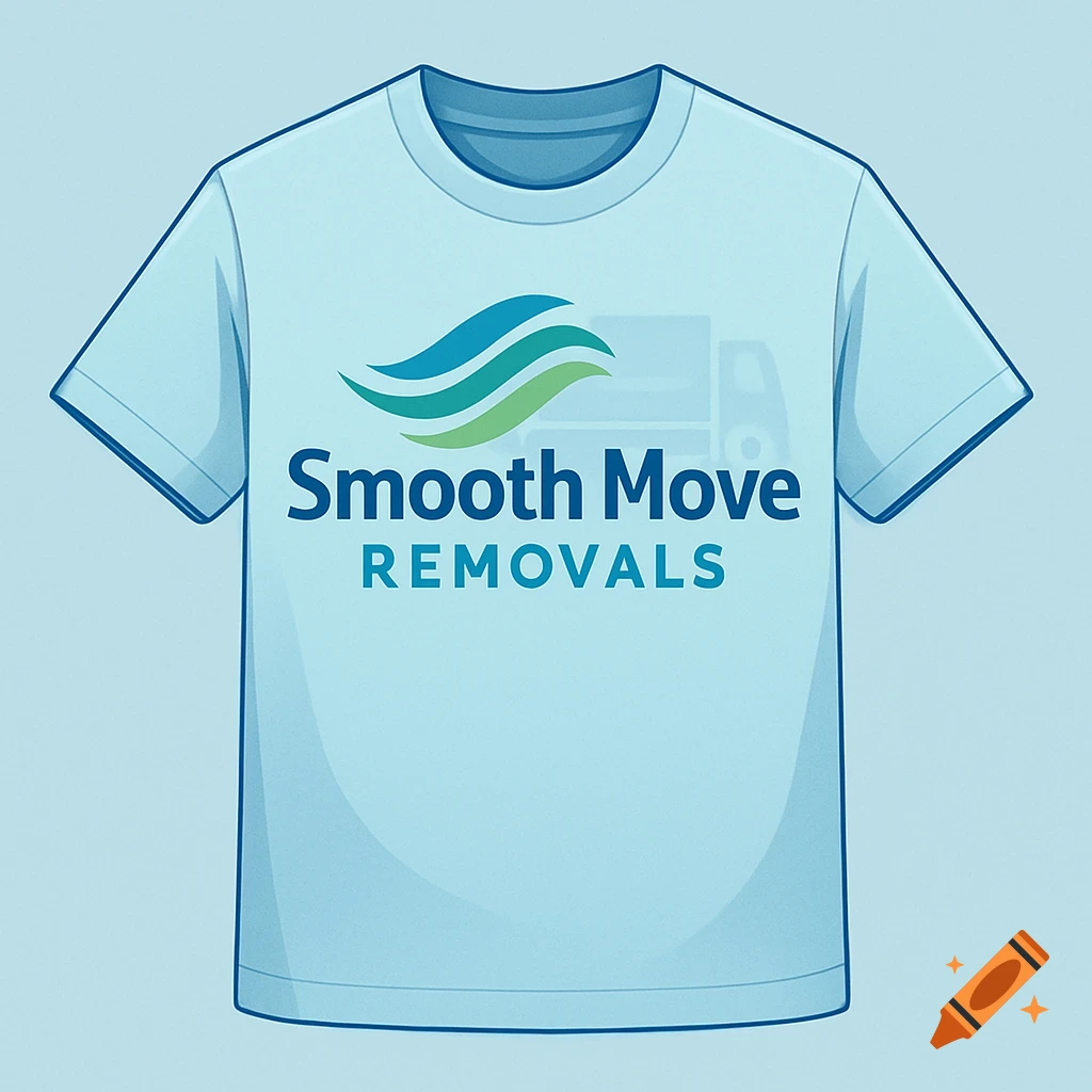 Light blue t-shirt with 'Smooth Move REMOVALS' logo with blue and green waves and a faint moving truck outline.
