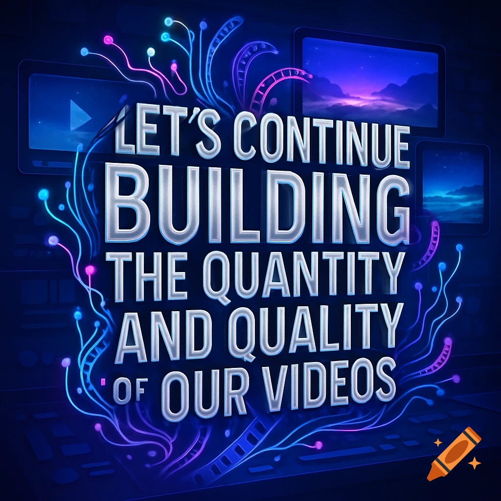 A vibrant digital art piece features large, metallic text saying "LET'S CONTINUE BUILDING THE QUANTITY AND QUALITY OF OUR VIDEOS" surrounded by glowing neon tendrils and screens displaying digital scenes and a play button.