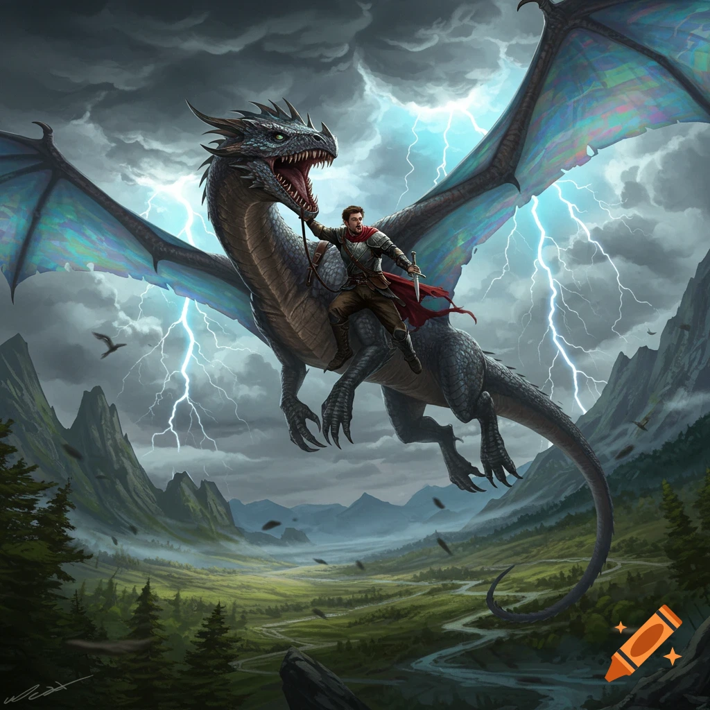 A man in armor rides a large winged dragon through a stormy, lightning-filled mountain valley.