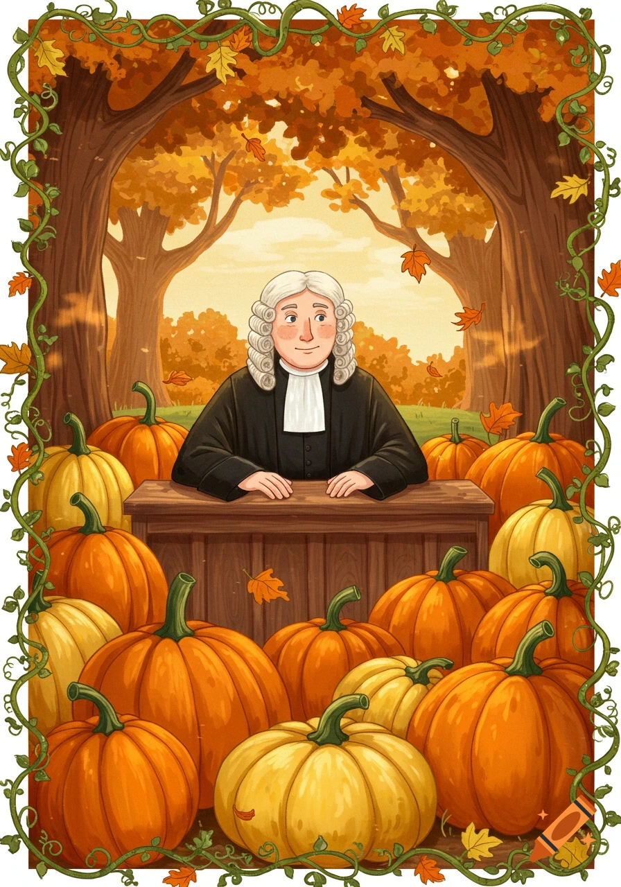 A 2D storybook illustration of a male judge with a powdered wig, seated at a desk, surrounded by pumpkins in an autumn forest.