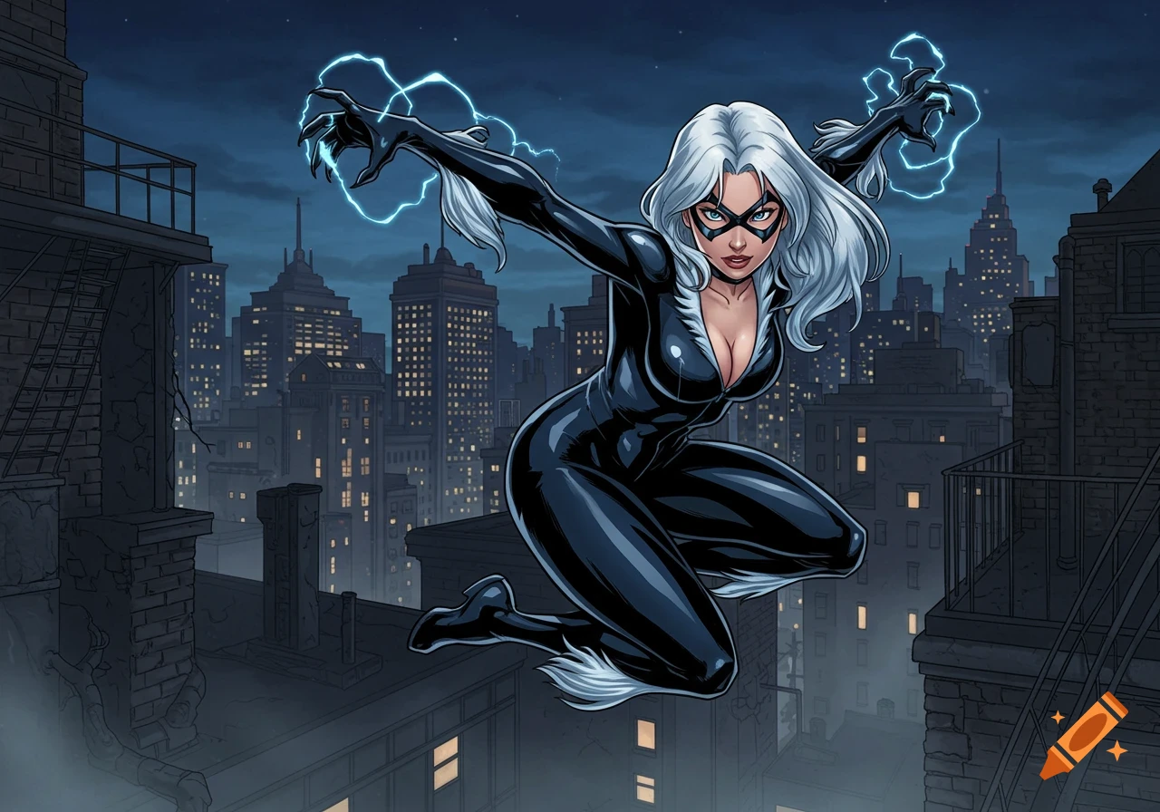 Black Cat in black suit with white fur, leaping on a city rooftop at night, anime comic art style.