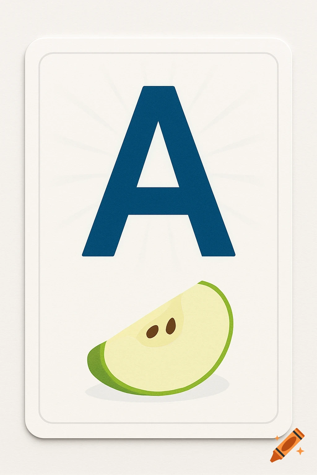 A white flashcard with a large blue letter 'A' and a slice of green apple below it.