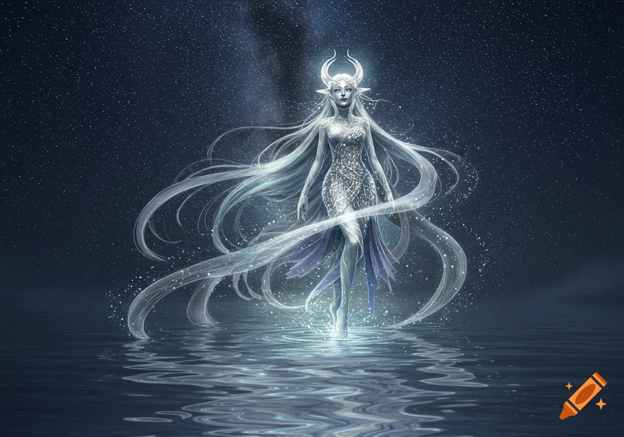An ethereal horned female figure in a shimmering dress stands in shallow water under a starry night sky.
