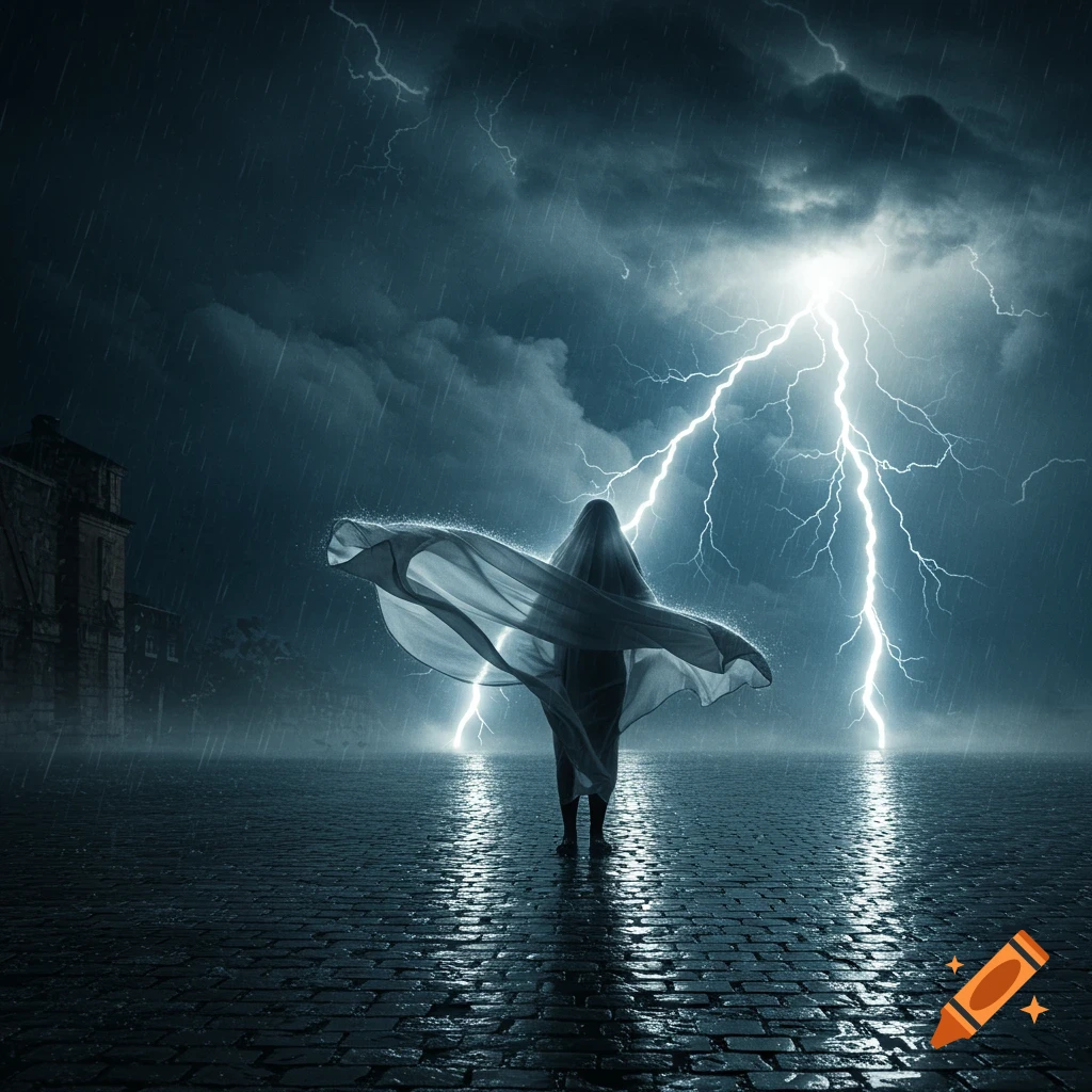 A figure shrouded in a flowing sheet stands on a wet cobblestone street under a stormy, lightning-filled sky. Photorealistic.