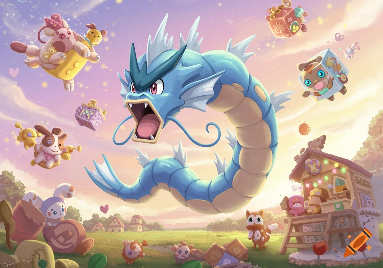 A large blue Gyarados flies through a colorful sky, surrounded by whimsical, cute plush toys and a village scene in the background.