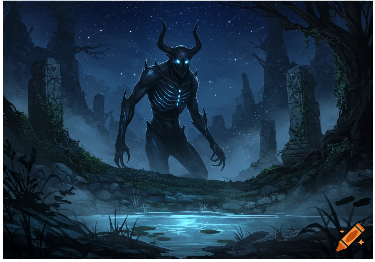 A tall, dark horned monster with glowing blue eyes and chest stands in a mystical, foggy forest with ancient ruins and a glowing pool under a starry night sky.