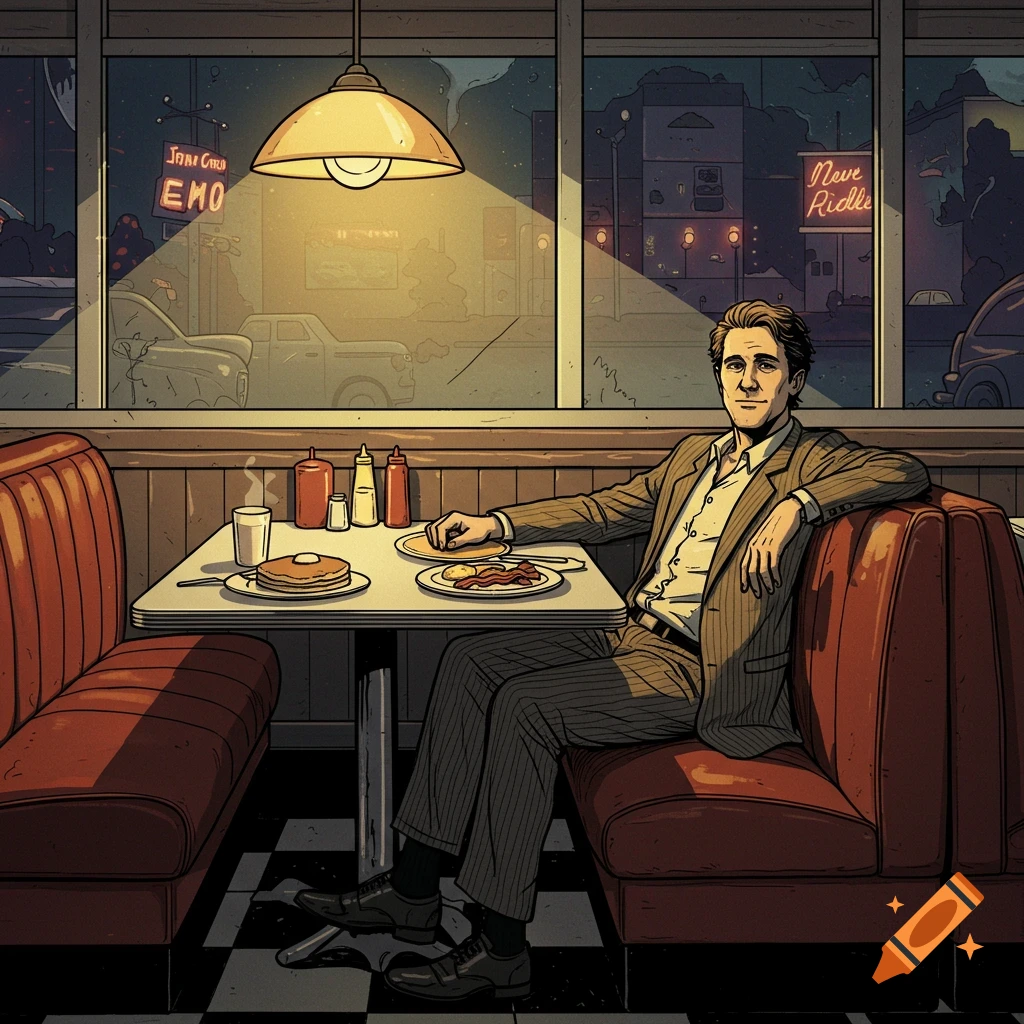 A man in a rumpled suit sits in a diner booth with half-eaten food, illuminated by a hanging lamp, in a graphic novel style.