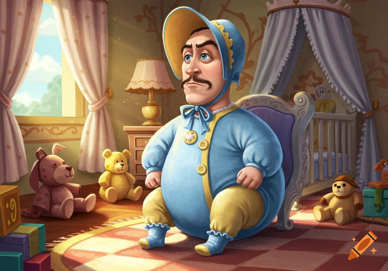 Cartoon illustration of a man with a mustache wearing a blue baby bonnet and onesie, sitting in a nursery with toys.