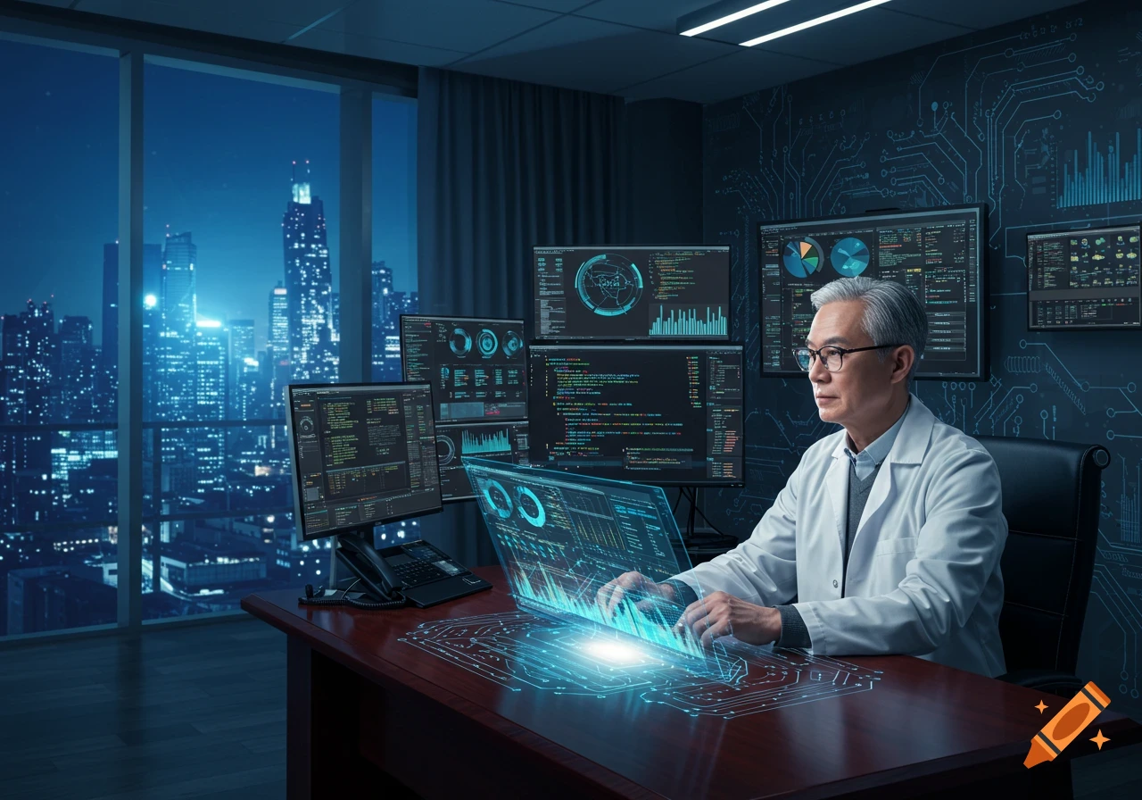 An Asian scientist in a lab coat uses a holographic computer in a high-tech office overlooking a cityscape at night.