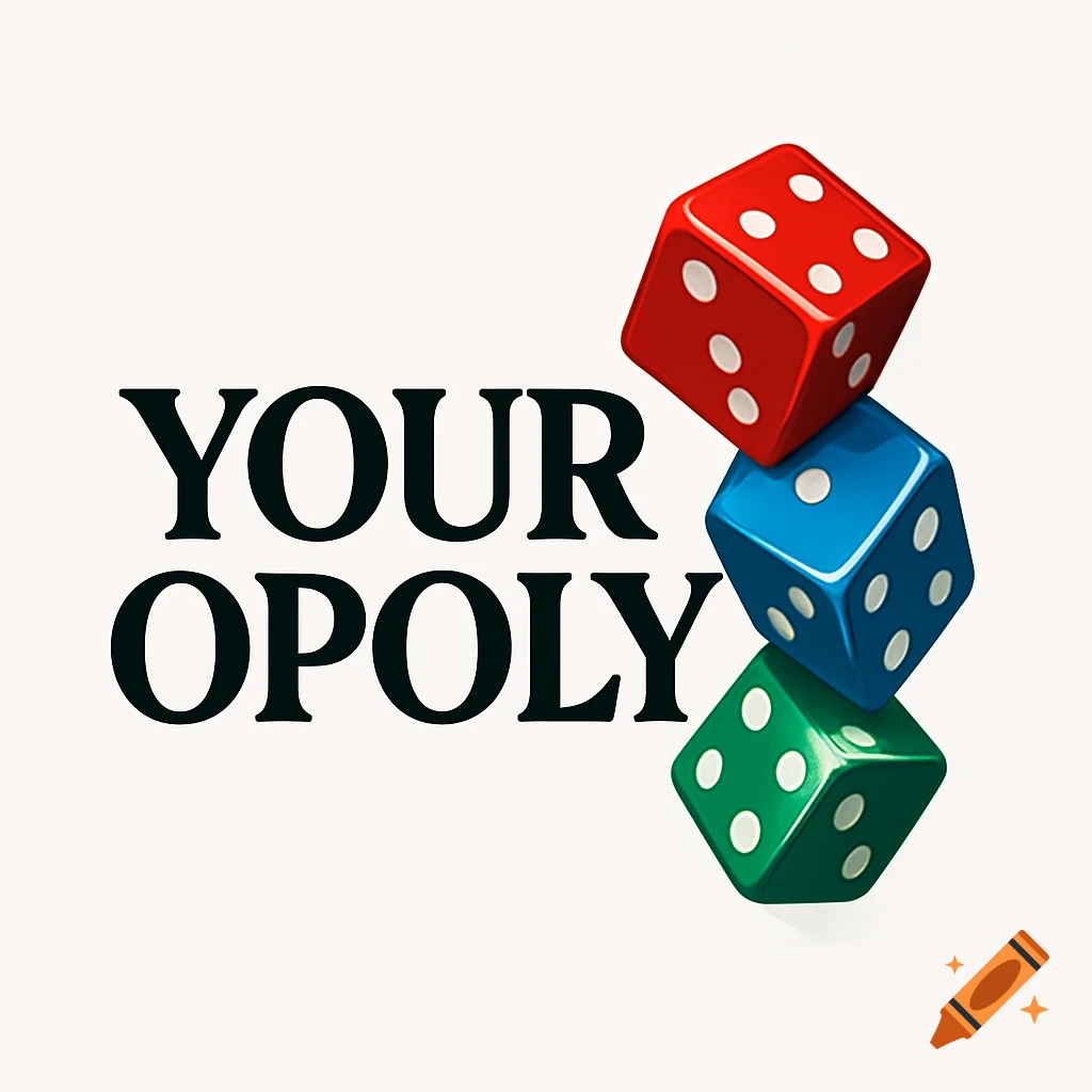 Logo with 'YOUR OPOLY' text next to a stack of red, blue, and green dice.