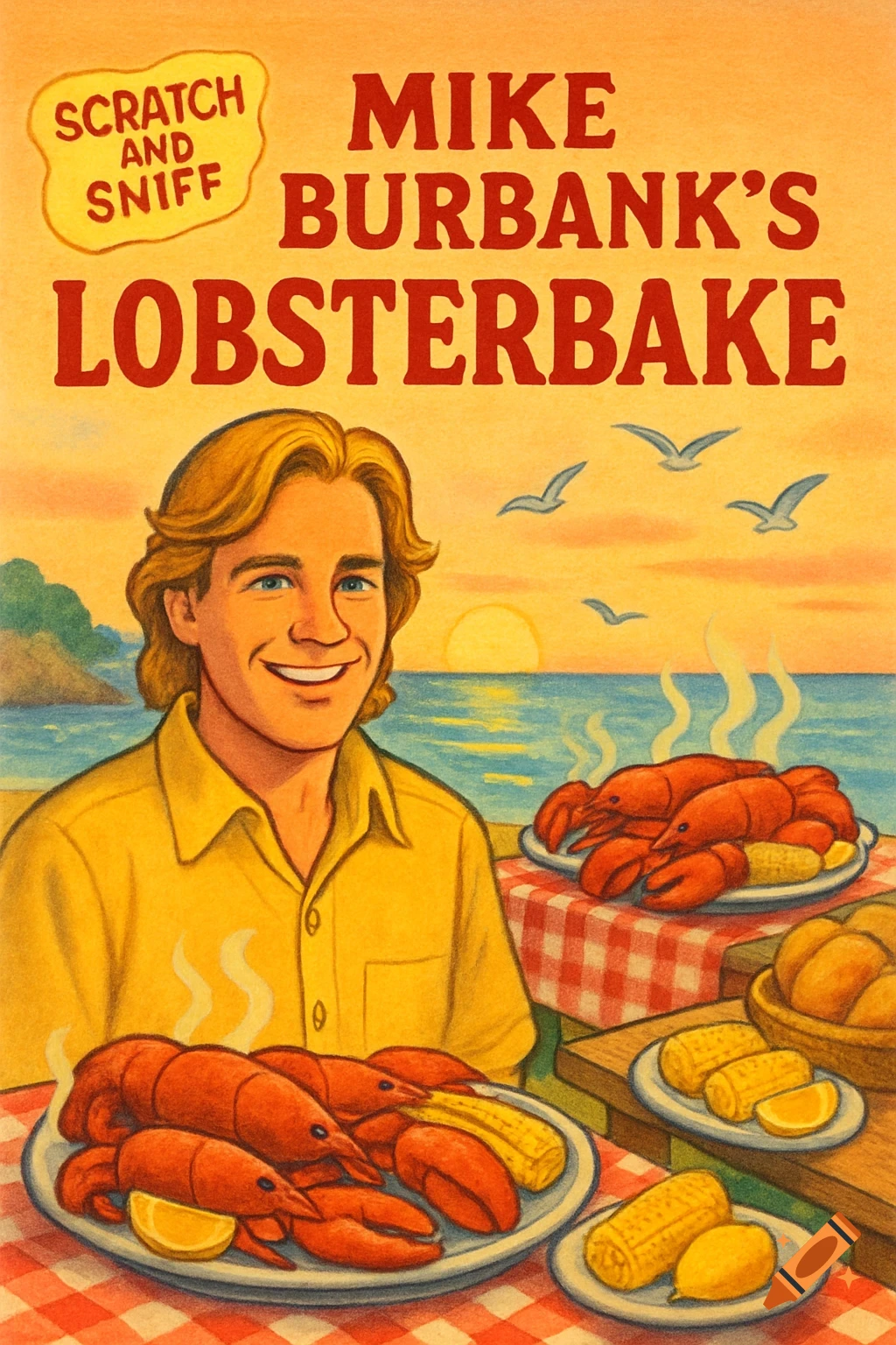 An illustrated book cover for 'Mike Burbank's Lobsterbake' featuring a smiling man with blonde hair, plates of lobster and corn, on a beach at sunset.
