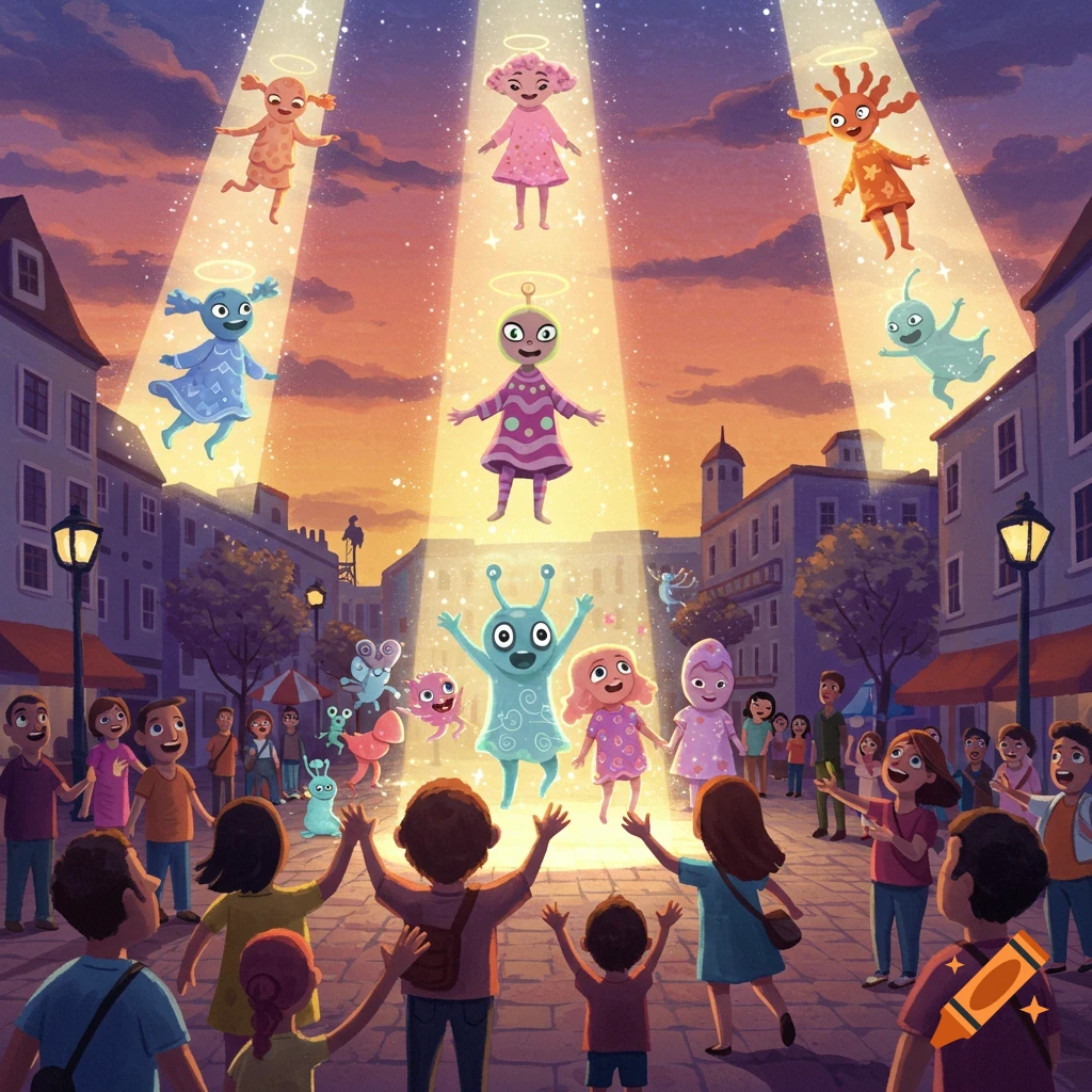 Cartoon aliens with halos descend from glowing light beams onto a city street at sunset, as a crowd of excited people look up and interact.