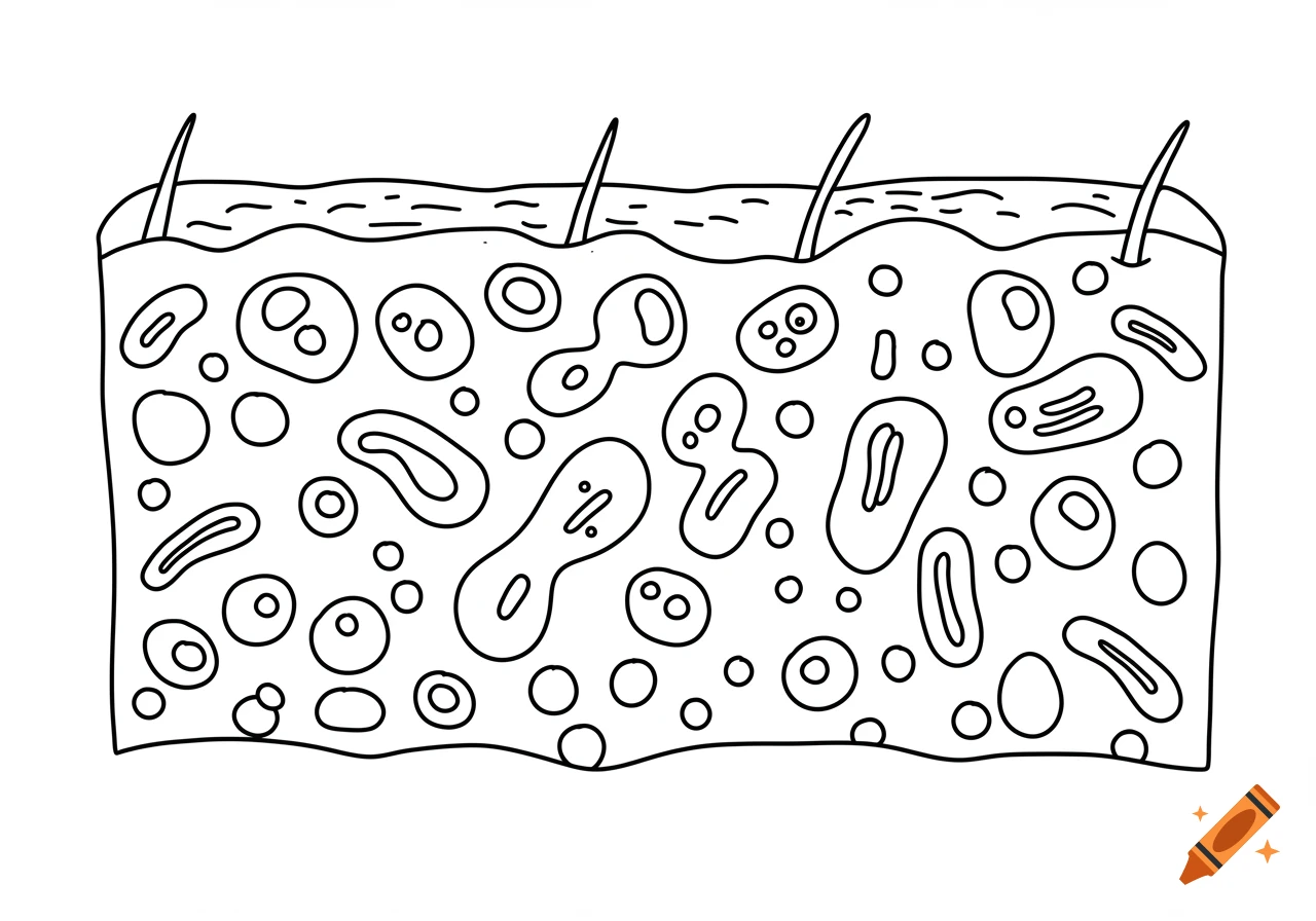 A black and white cartoonish line illustration in a coloring book style showing a close-up of skin with hairs and various cells.