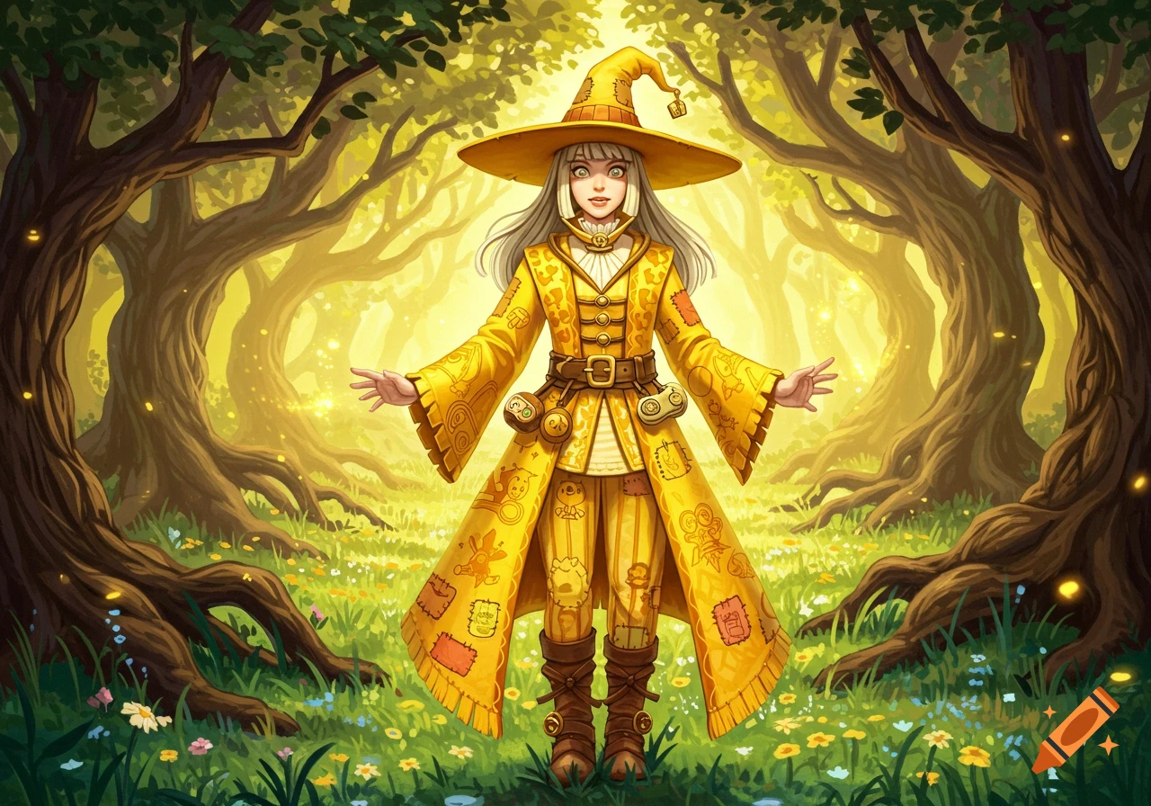 A young sorceress in a bright yellow, patched robe and conical hat stands in a magical, sunlit forest.