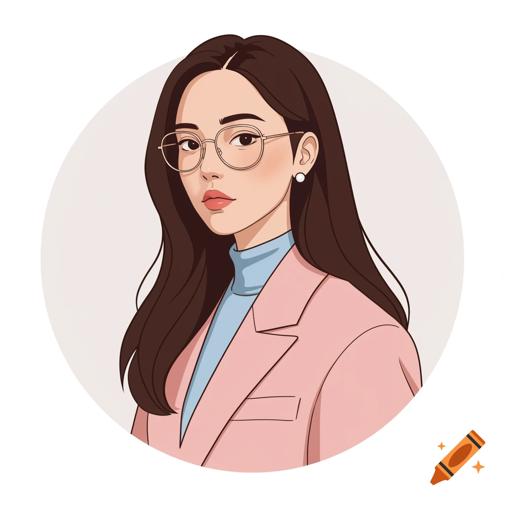 An illustration of a young woman with long dark hair, glasses, a blue turtleneck, and a pink blazer, in a circular frame.