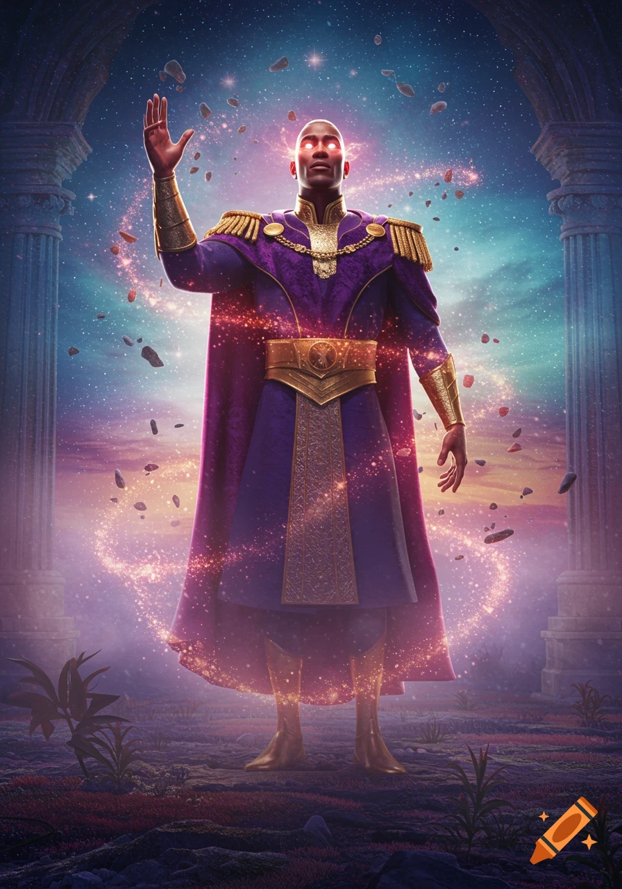 A majestic man in a purple and gold imperial robe stands under an archway, surrounded by glowing particles and a cosmic sky. He has glowing red eyes and one hand raised.