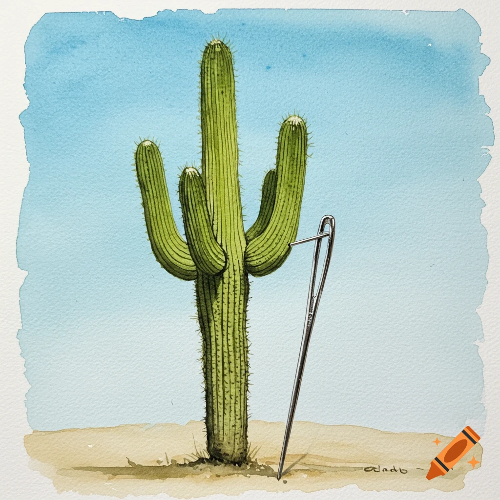 Watercolor painting of a saguaro cactus with a large sewing needle resting against its trunk in a desert landscape.