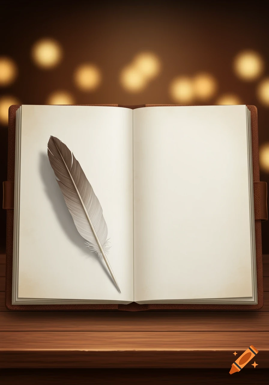An open blank notebook with a feather quill lying on the left page, on a wooden desk with blurred lights in the background.