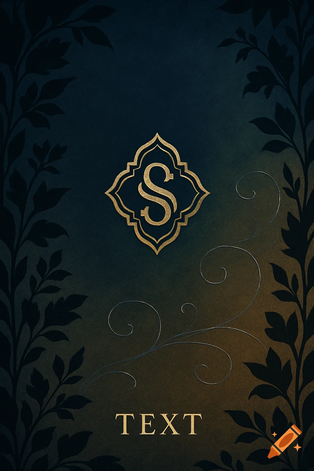 A dark blue and gold decorative background with a central ornate golden "S" monogram and the word "TEXT" at the bottom. Silhouettes of foliage frame the sides.