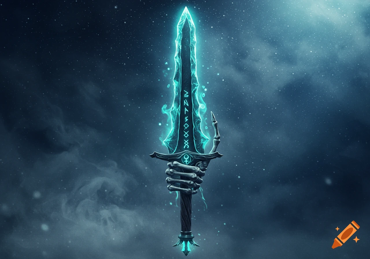 A glowing, crystalline greatsword held by a skeletal hand against a starry, misty blue background.