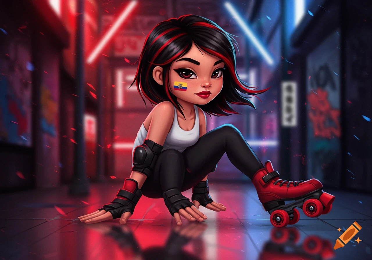 A stylized cartoon girl with black and red hair, wearing a white tank top, black leggings, and red roller skates, crouching in a neon-lit urban setting.