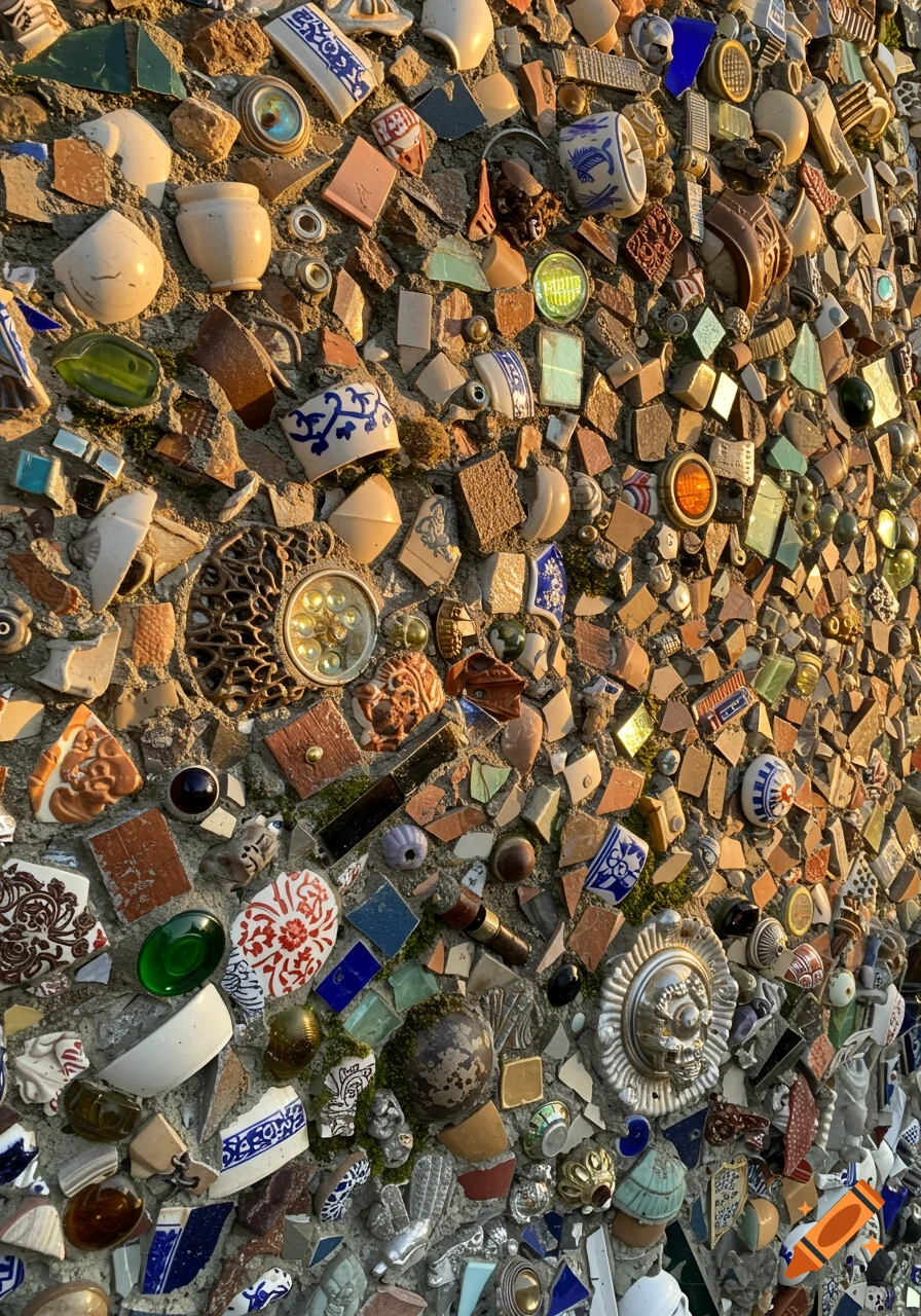 A detailed vertical mosaic wall made from colorful broken ceramic, glass, and found objects, lit by warm sunlight.