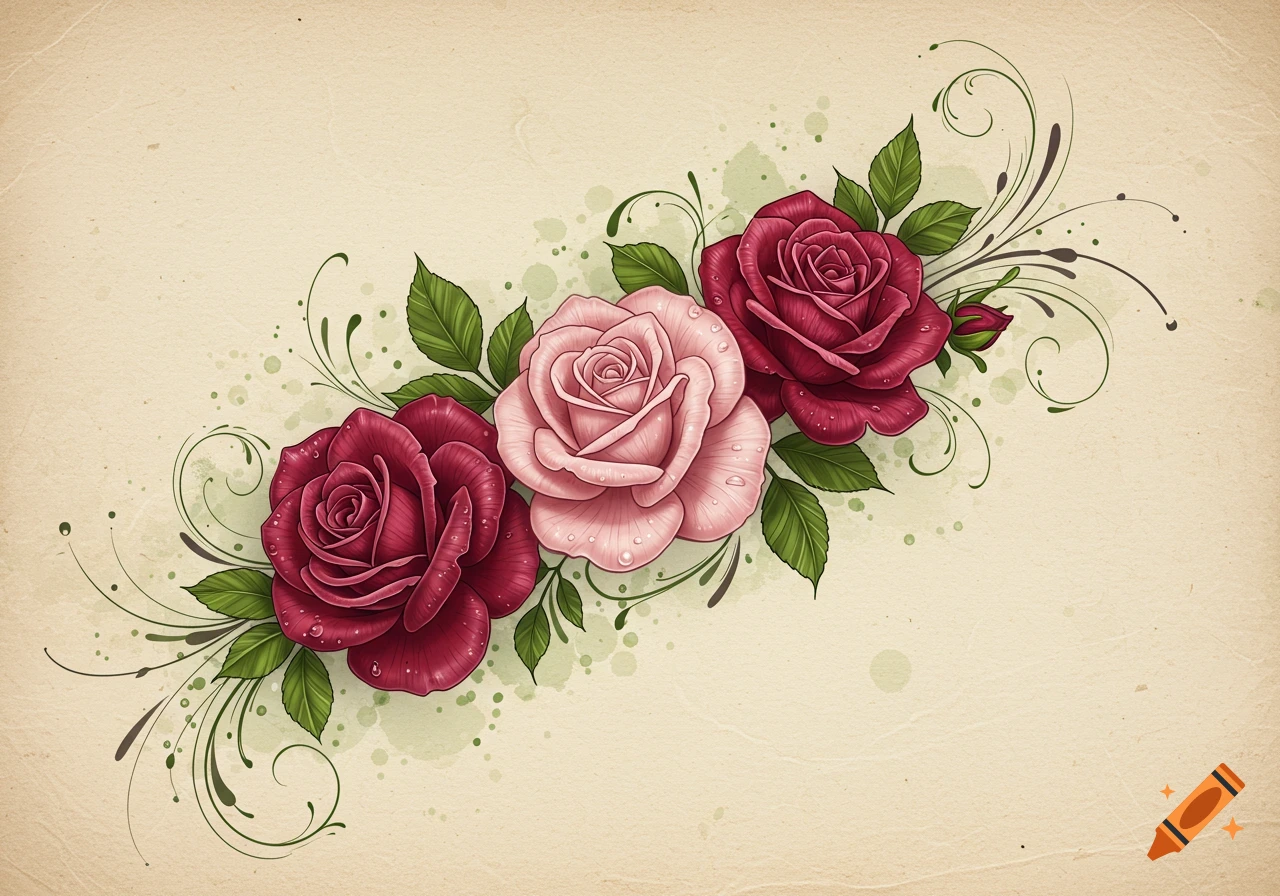 Three stylized red and pink roses with leaves and decorative swirls on a textured beige background in an illustrative style.