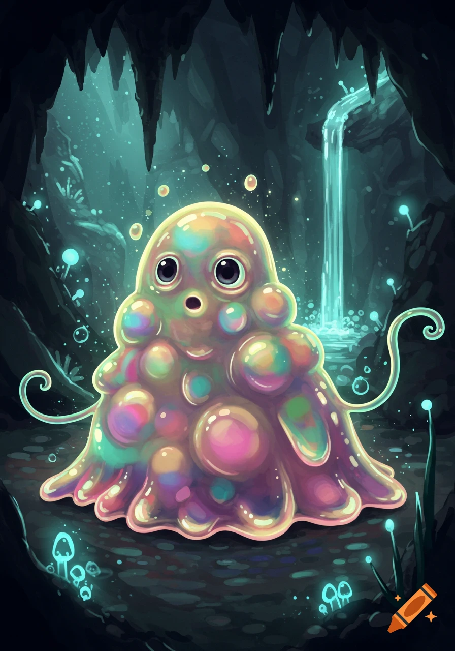 A whimsical, iridescent blob creature with big eyes in a glowing cave with a waterfall and bioluminescent mushrooms.
