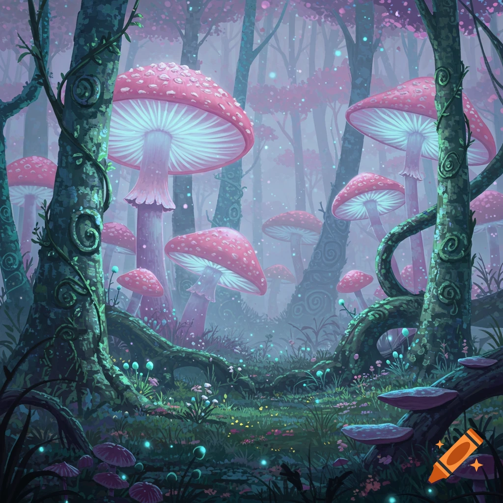 A vibrant, mystical forest at dusk, featuring large glowing pink and white mushrooms, twisted trees, and shimmering blue flora.