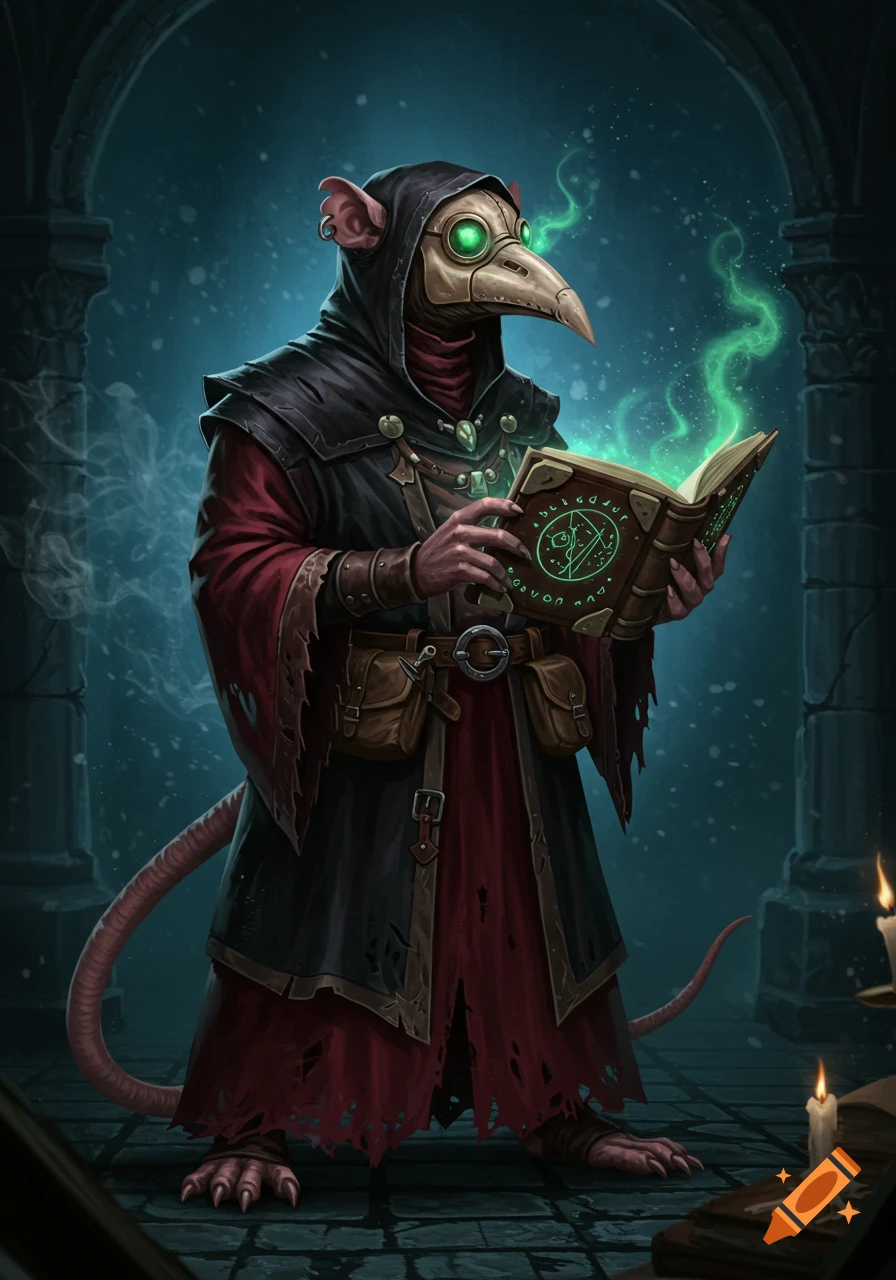 A rat-folk wizard wearing a plague doctor mask holds an open spell book emitting green magical energy in a dark, dungeon-like setting.