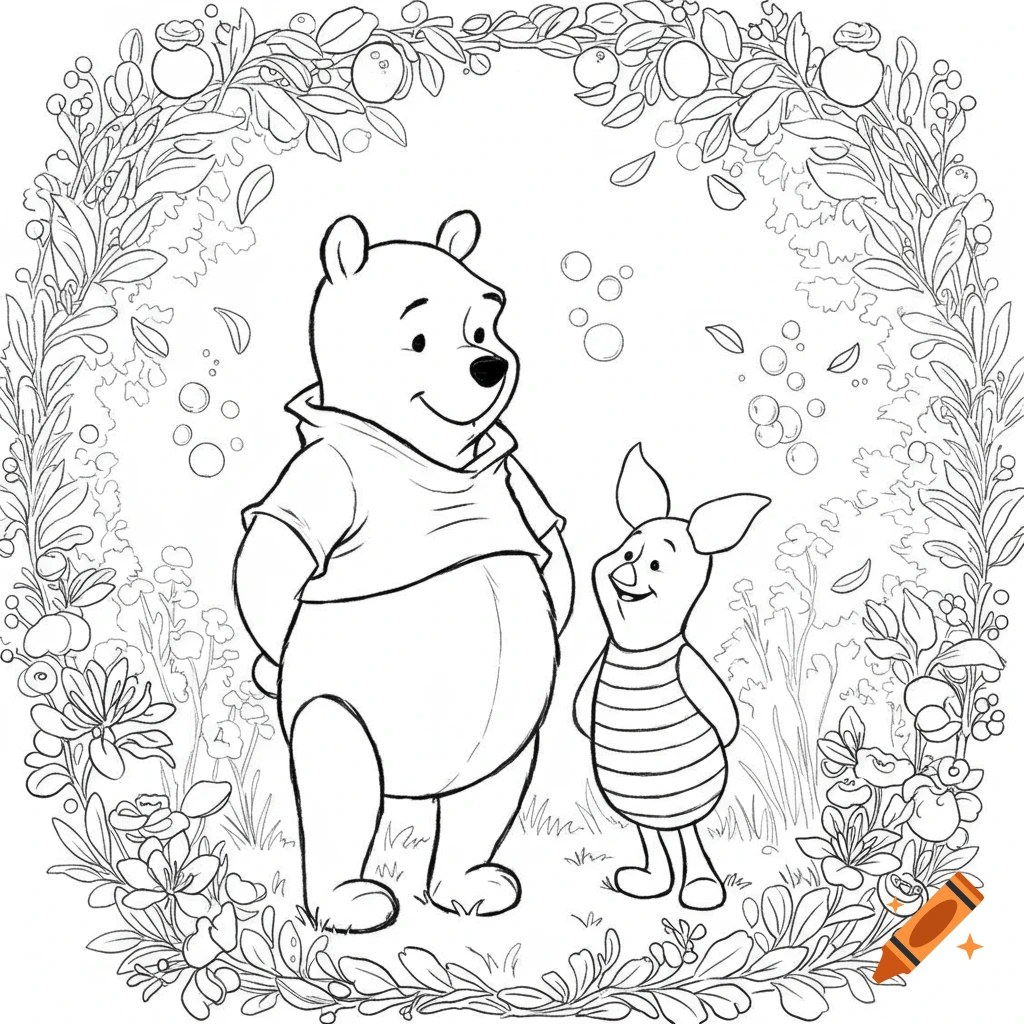 Black and white line drawing of Winnie the Pooh and Piglet smiling, surrounded by a floral and leaf border with bubbles.