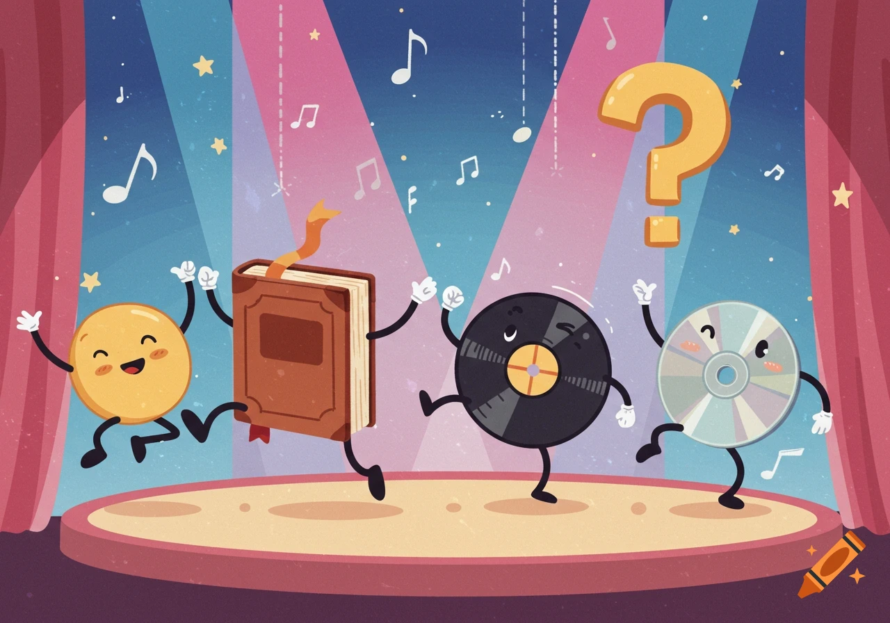 A cartoon book, record, DVD, and a yellow question mark character happily doing the cancan on a stage, with musical notes and stars floating in the air.
