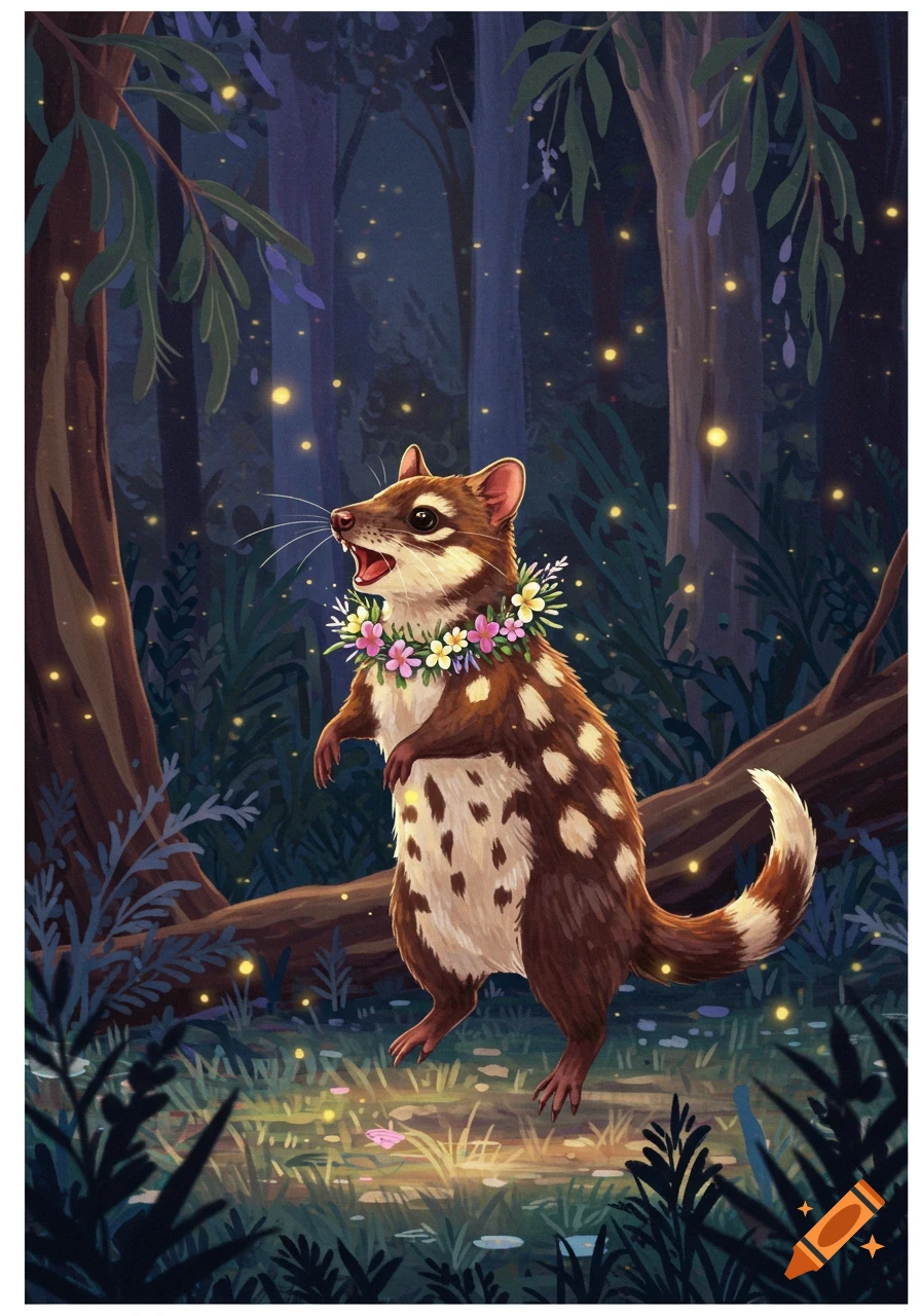 A brown and white spotted quoll wearing a colorful flower lei stands in a dark magical forest glowing with fireflies. Illustrated style.