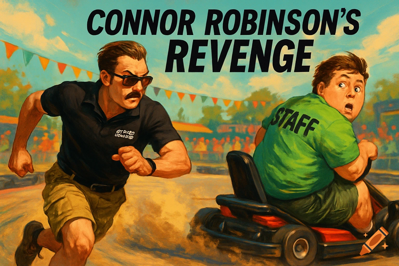 A man with a mustache chases a man in a go-kart on a track, with text 'CONNOR ROBINSON'S REVENGE' overhead, in a painterly style.
