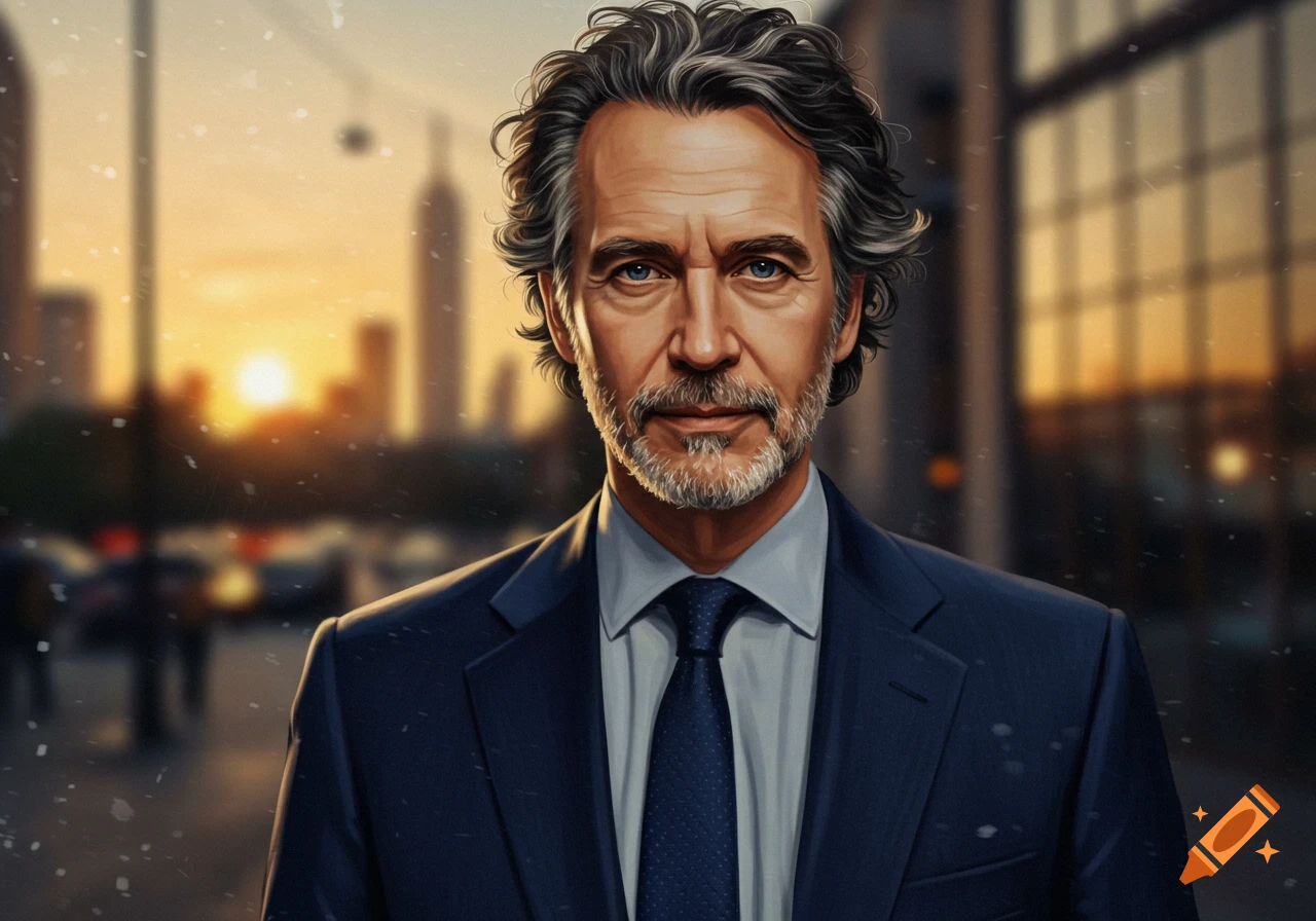 Portrait of a man with graying hair and beard in a suit against a city sunset background.