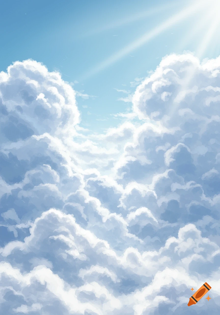 Bright blue sky with fluffy white cumulus clouds and sun rays breaking through from the upper right.