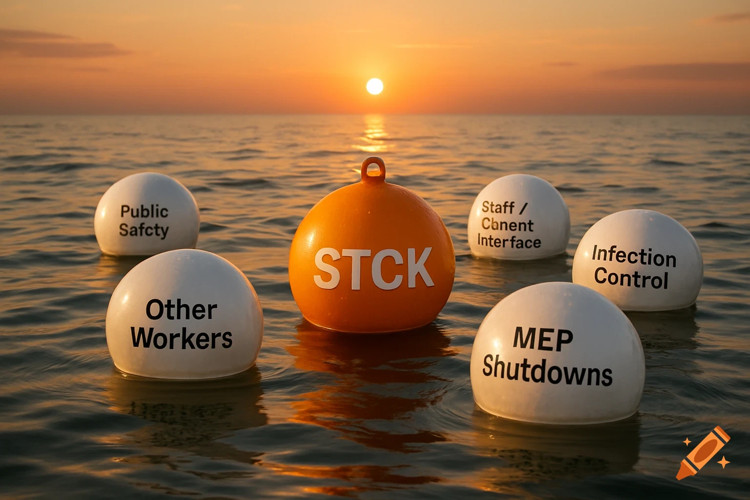 Orange and white buoys float in the water at sunset, each labeled with text.
