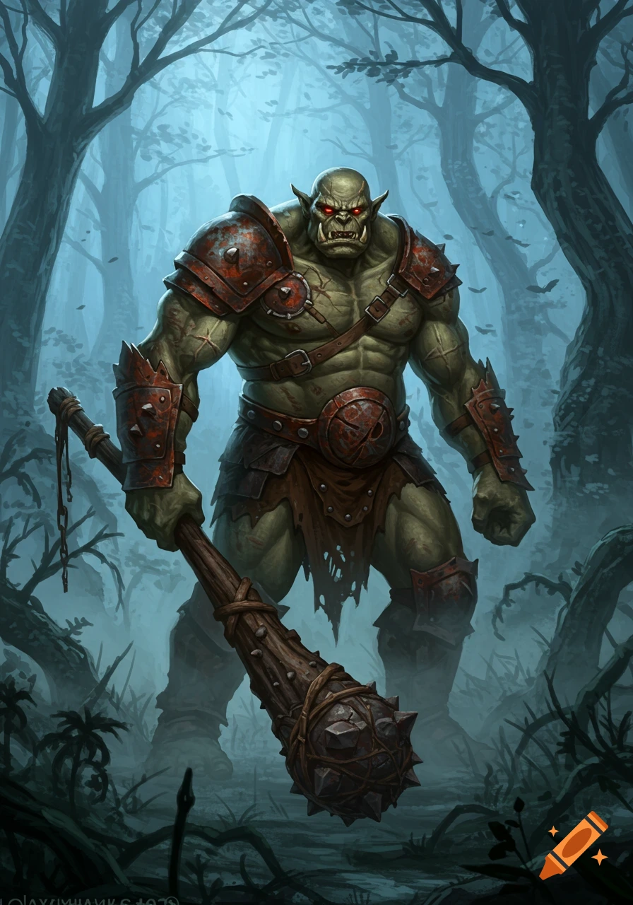 A muscular, green-skinned ogre in rusty armor holds a spiked club in a misty forest.