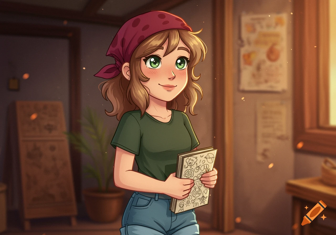 A smiling cartoon girl with light brown hair, green eyes, a red bandana, green t-shirt, and jean shorts, holding a doodle-filled sketchbook.