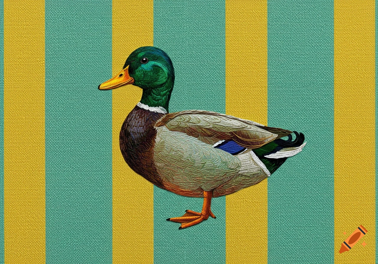 Embroidered mallard duck on a background of vertical yellow and teal stripes.