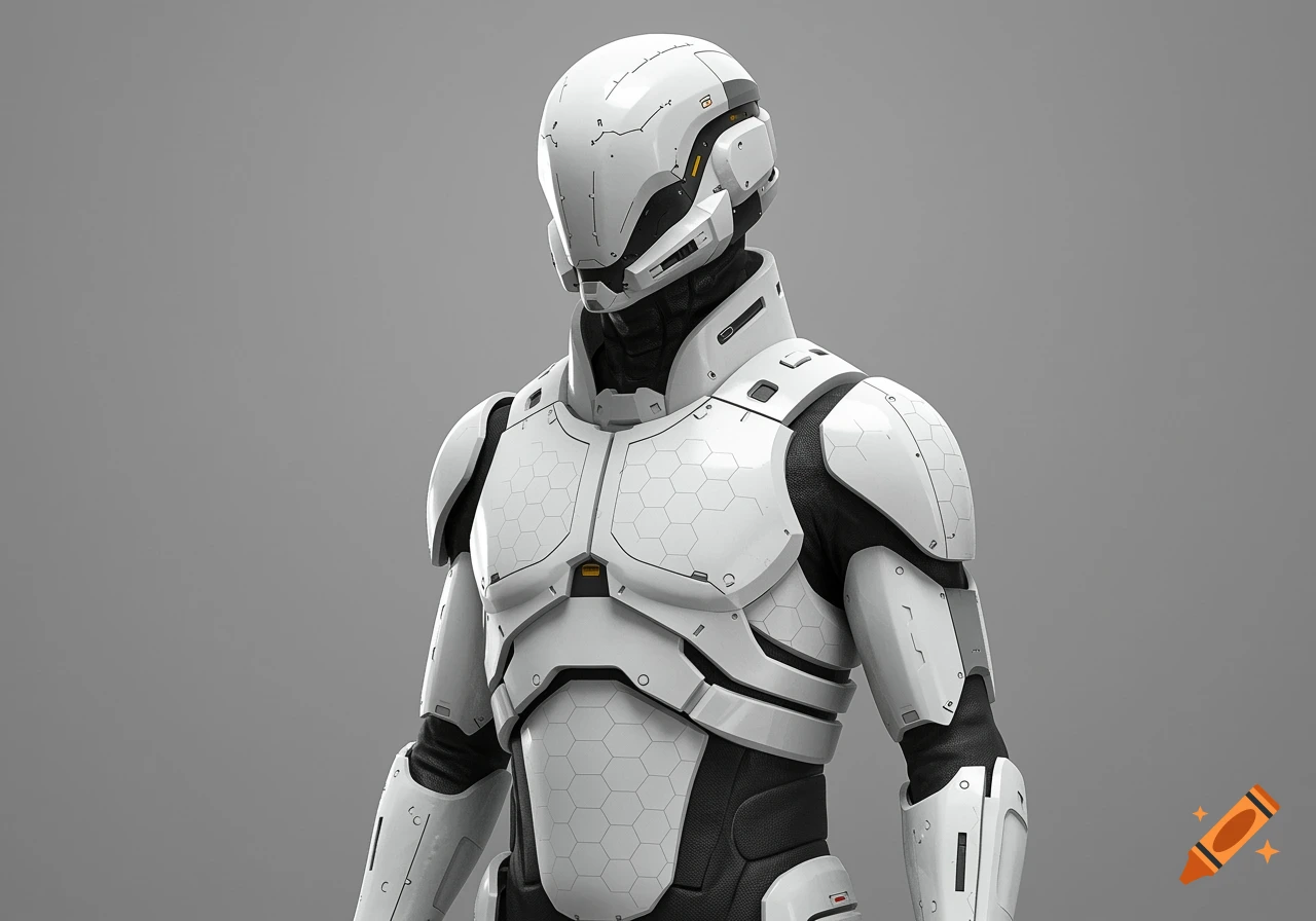A futuristic white and black armored soldier with hexagonal patterns on a gray background.